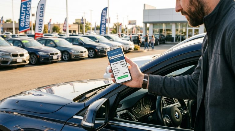 Person scanning a VIN number on a car dashboard before buying