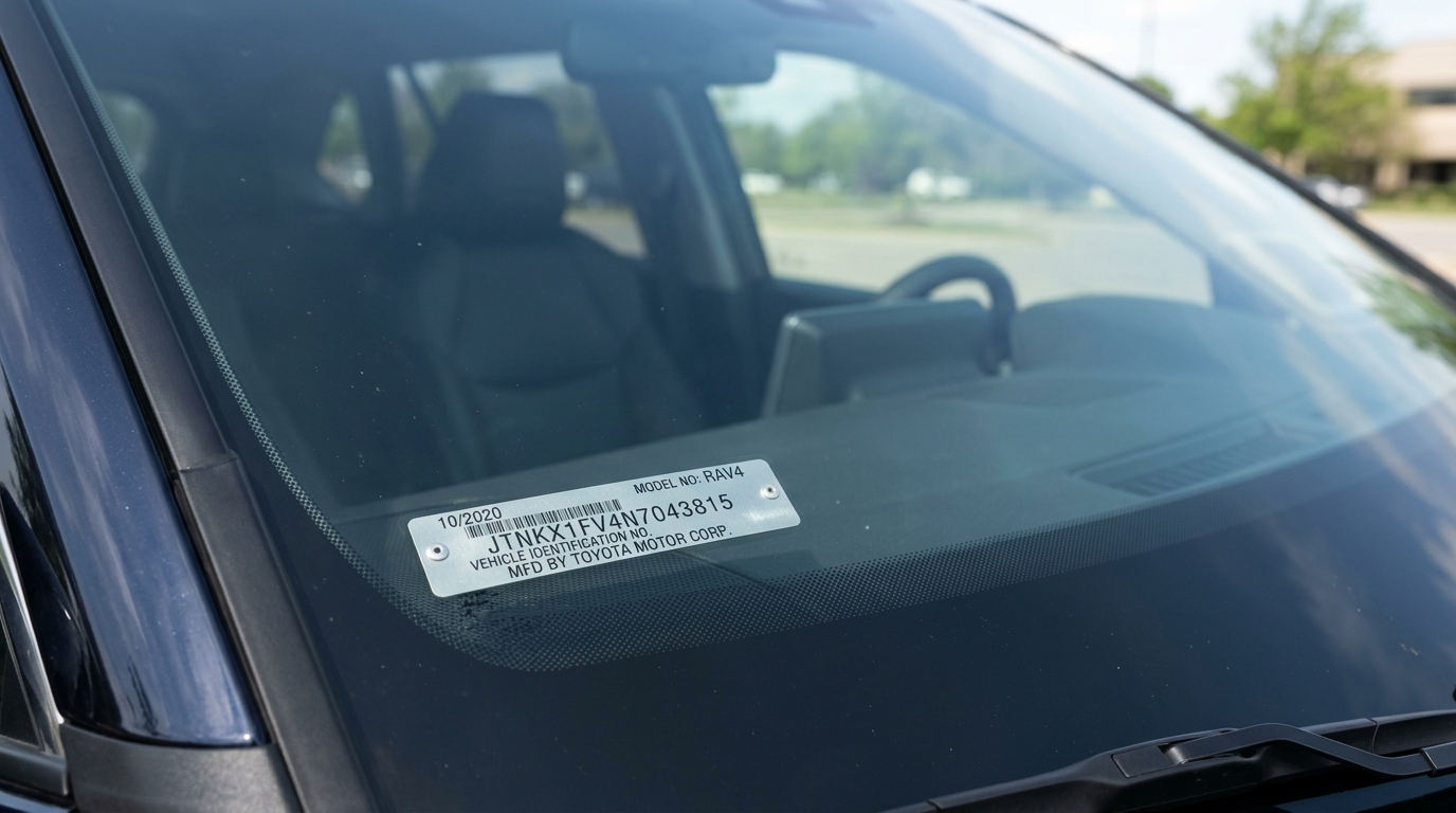 Vehicle Identification Number VIN plate location on car dashboard