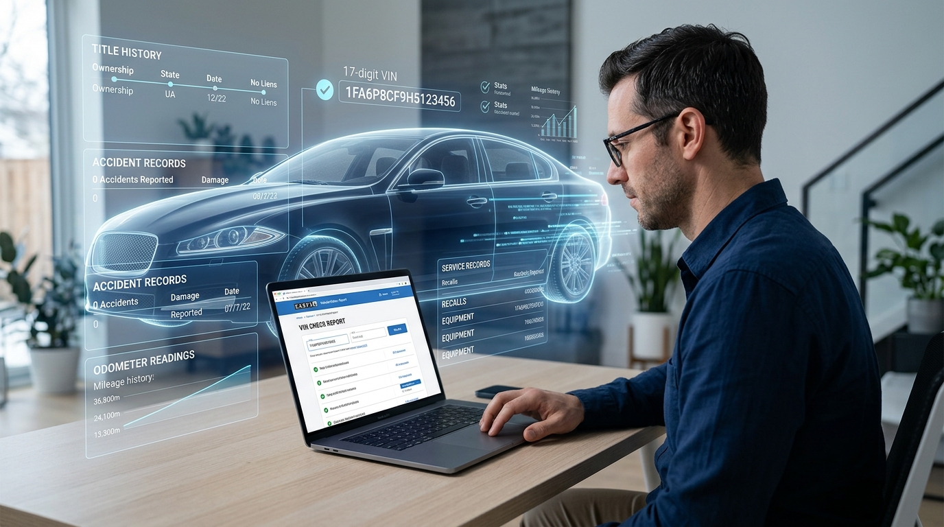 What does a VIN check show - person researching vehicle history on laptop