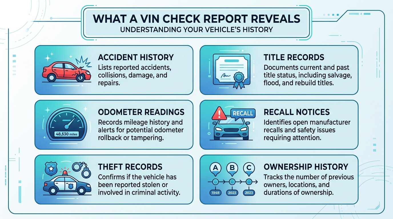 What a VIN check report reveals - accident history, title records, odometer readings, and more