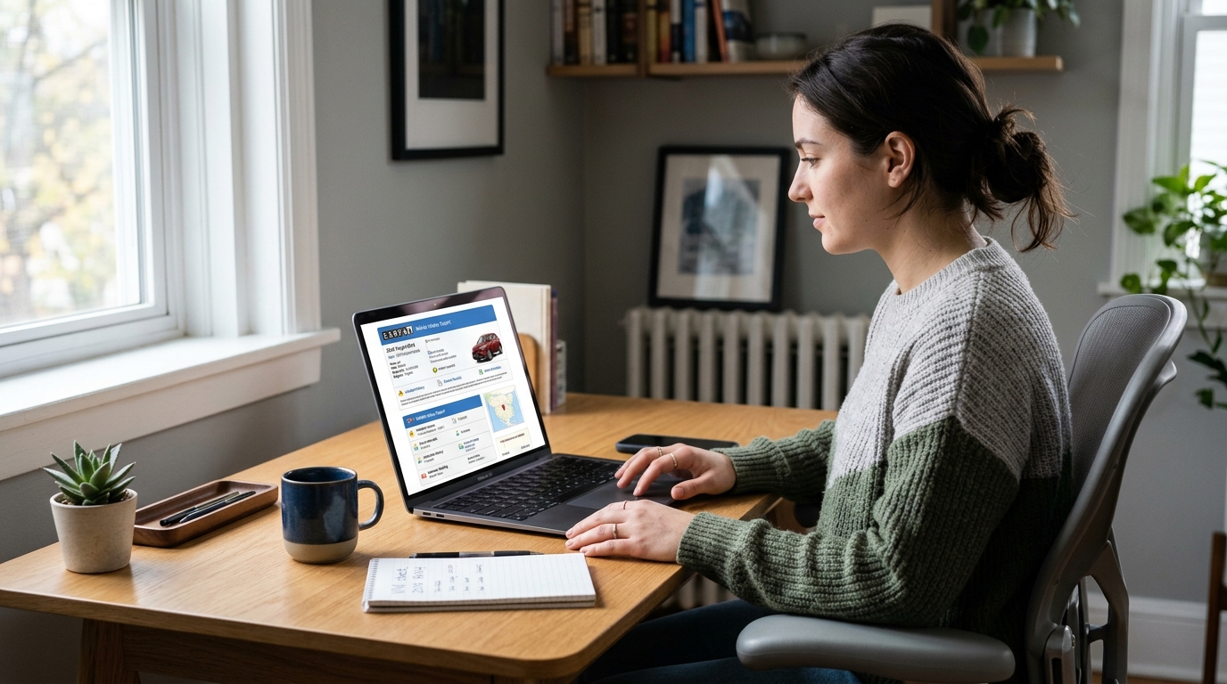 Person running a VIN check on a laptop as part of used car buying checklist
