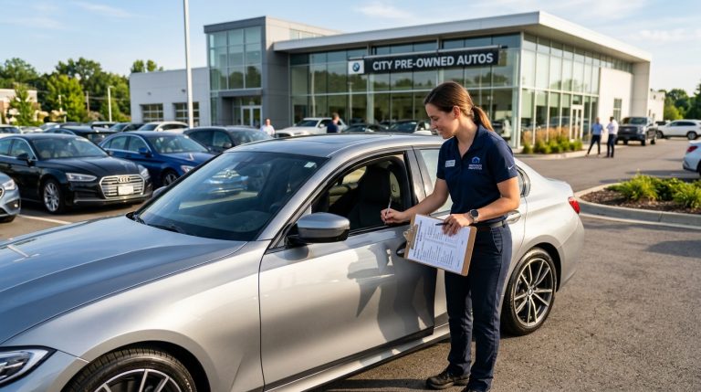 Used car buying checklist - person inspecting a used car at a dealership