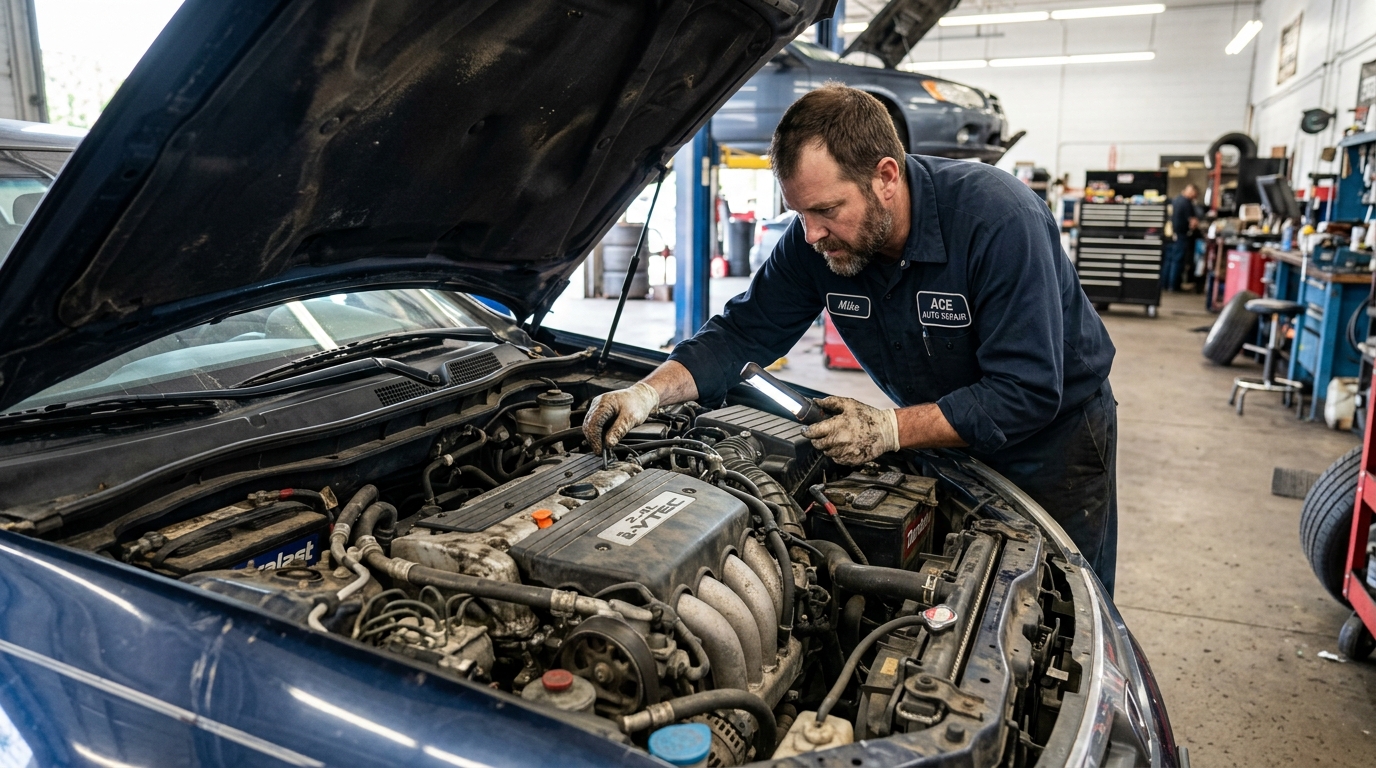 Mechanic inspecting under the hood of a used car during pre-purchase inspection
