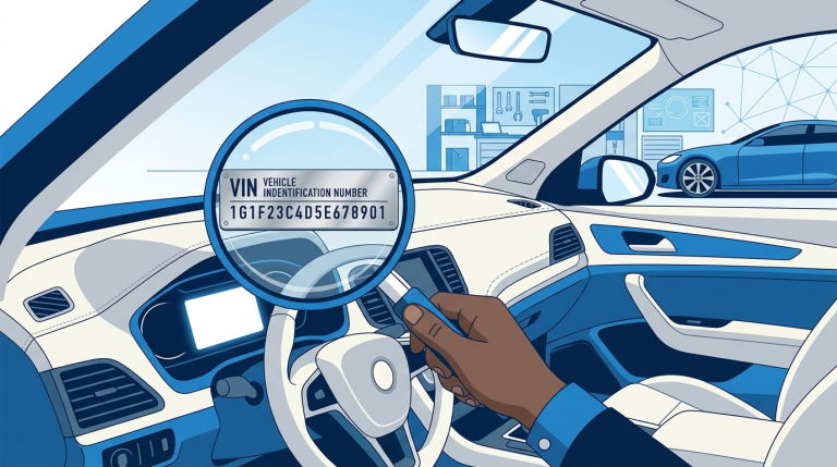 VIN decoder - examining a Vehicle Identification Number on a car dashboard
