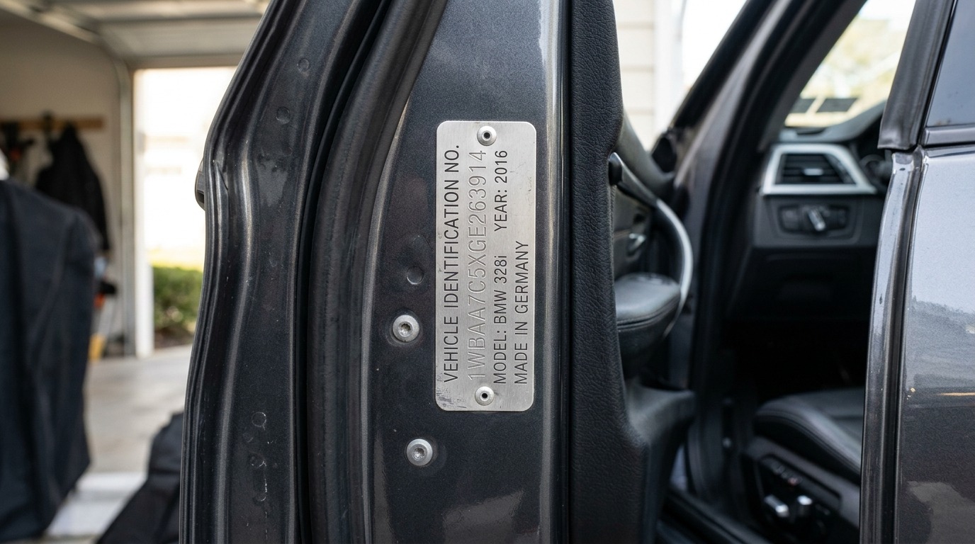 Close-up of VIN Plate on Car Door Jamb Showing Production Sequence Number